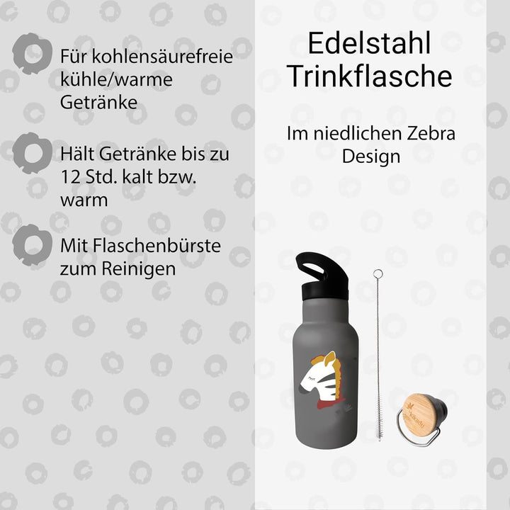 kikadu Trinkflasche Zebra Grau - Kindergeschirr, BPA-frei, mit niedlichen Aufdrucken, Fassungsvermög