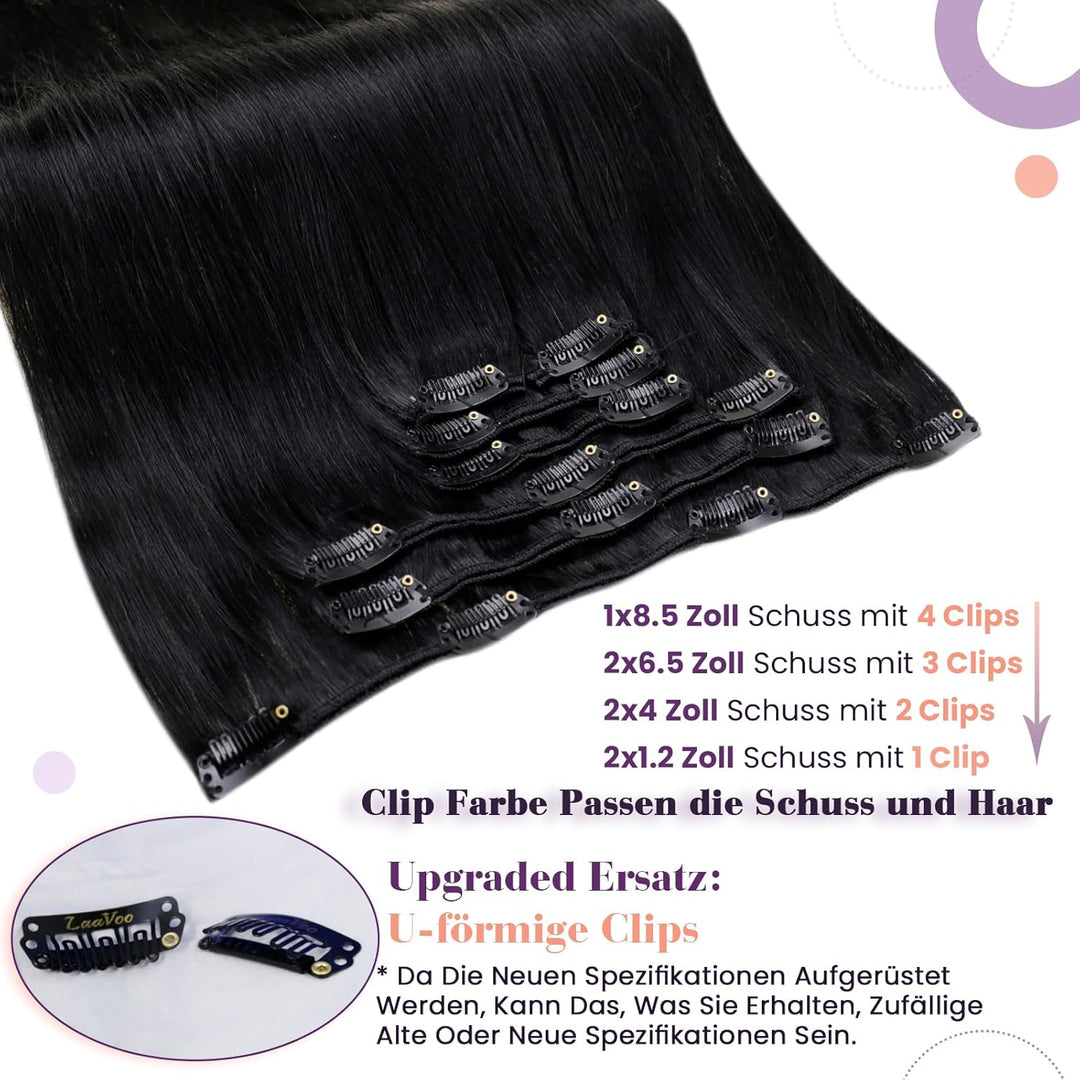 LaaVoo Schwarz Haarverlängerung Clip in 55cm Schwarz Clip in Extensions Echthaar Double Weft Echthaa