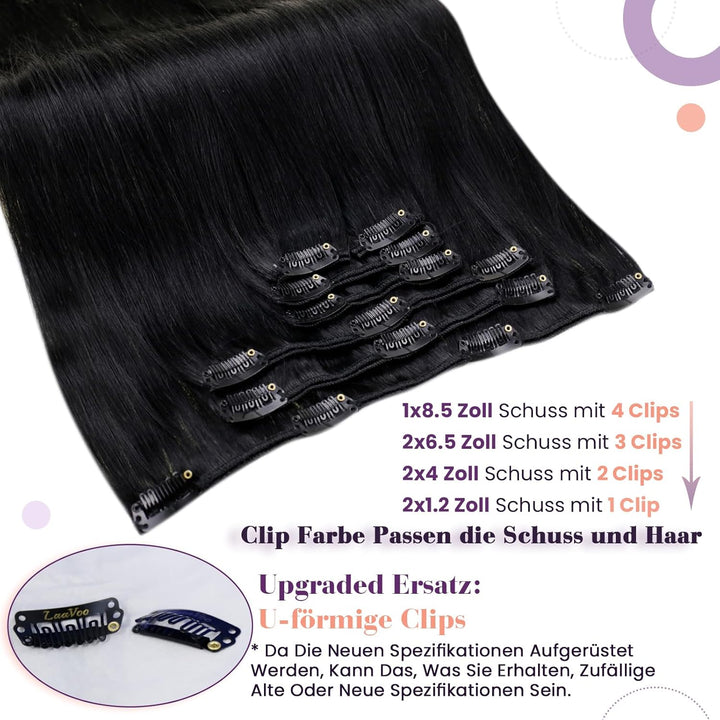 LaaVoo Schwarz Haarverlängerung Clip in 55cm Schwarz Clip in Extensions Echthaar Double Weft Echthaa