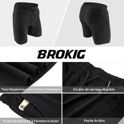 BROKIG Sport-Shorts für Herren, Krafttraining, Laufen, Baumwolle, mit Reissverschlusstaschen S Schwa