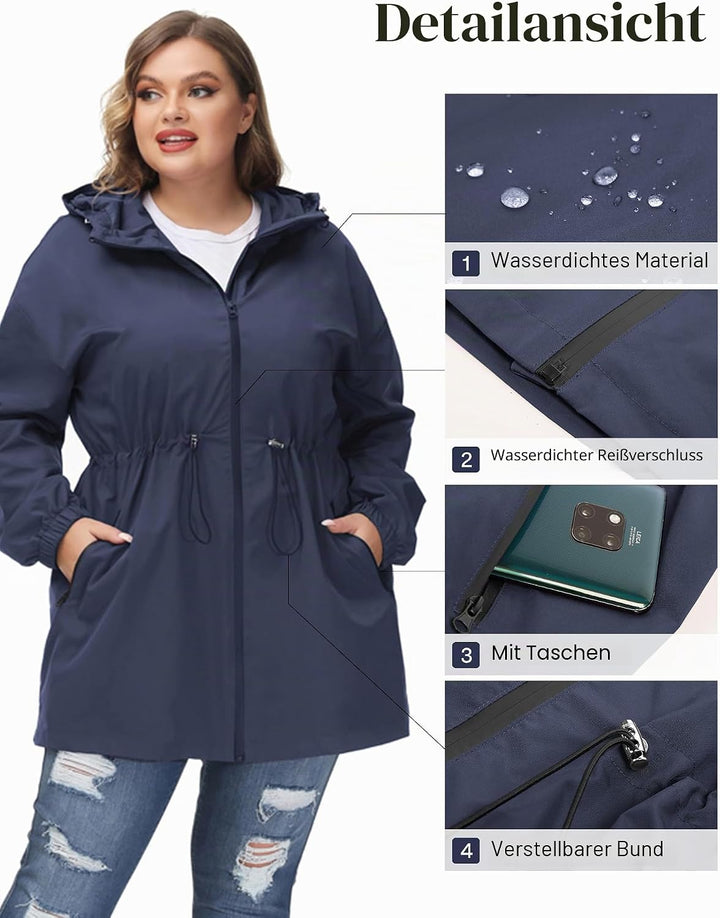 Hanna Nikole Damen Grosse Grösse Regenjacke Leicht Wasserdicht Regenmantel mit Kapuze Windbreaker Sp