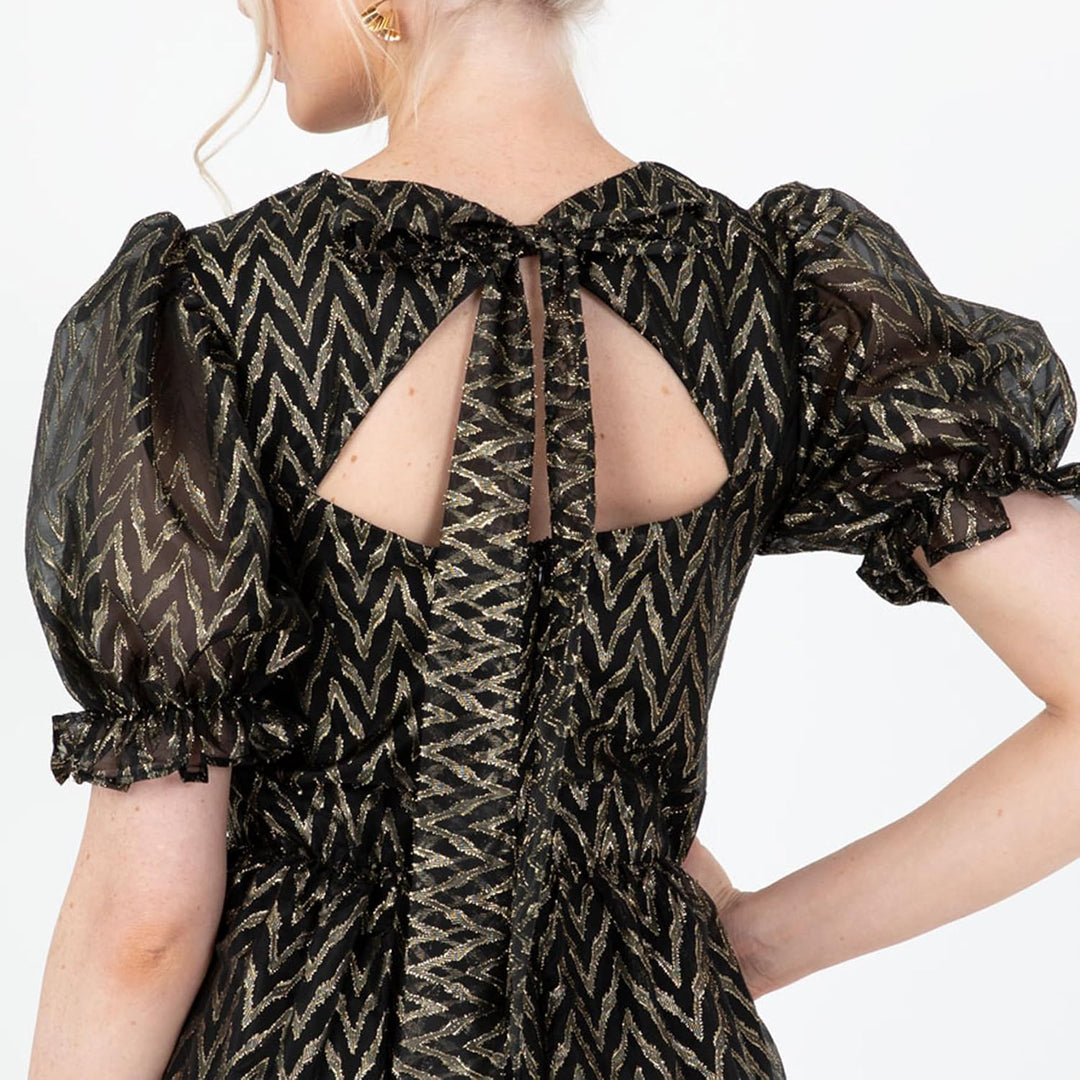 Women's Midaxi Dress Ladies Round Neck Short Puff Sleeves Metallic Zig-Zag Tie-Back A-line for Party