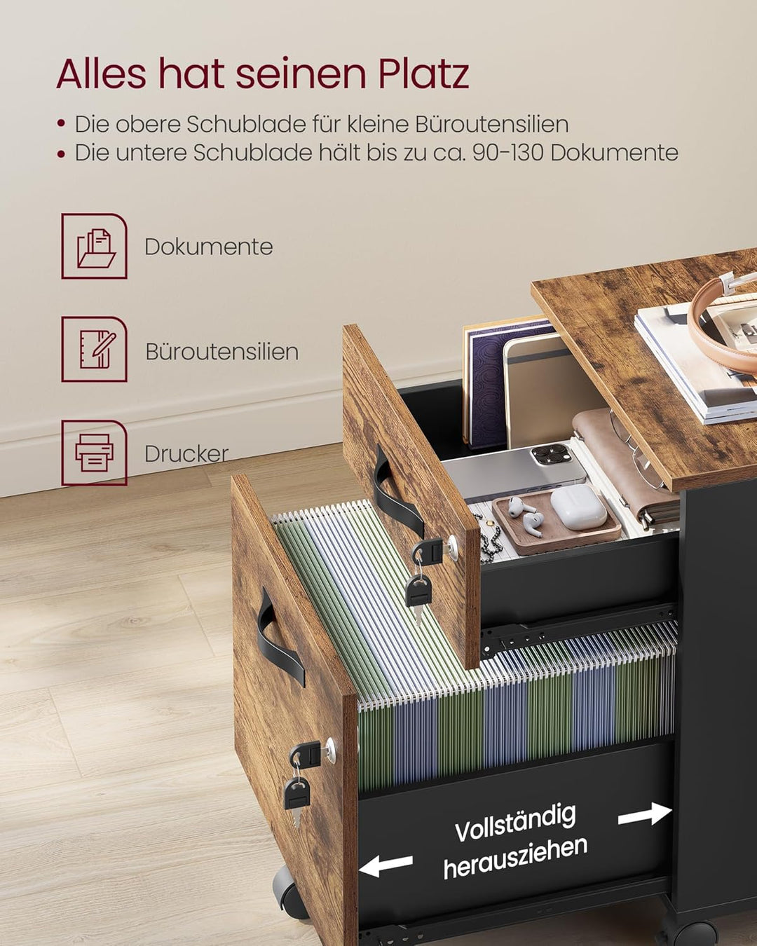 VASAGLE Rollcontainer, abschliessbar, Aktenschrank mit 2 Schubladen, 5 Rollen, verstellbare Hängesta