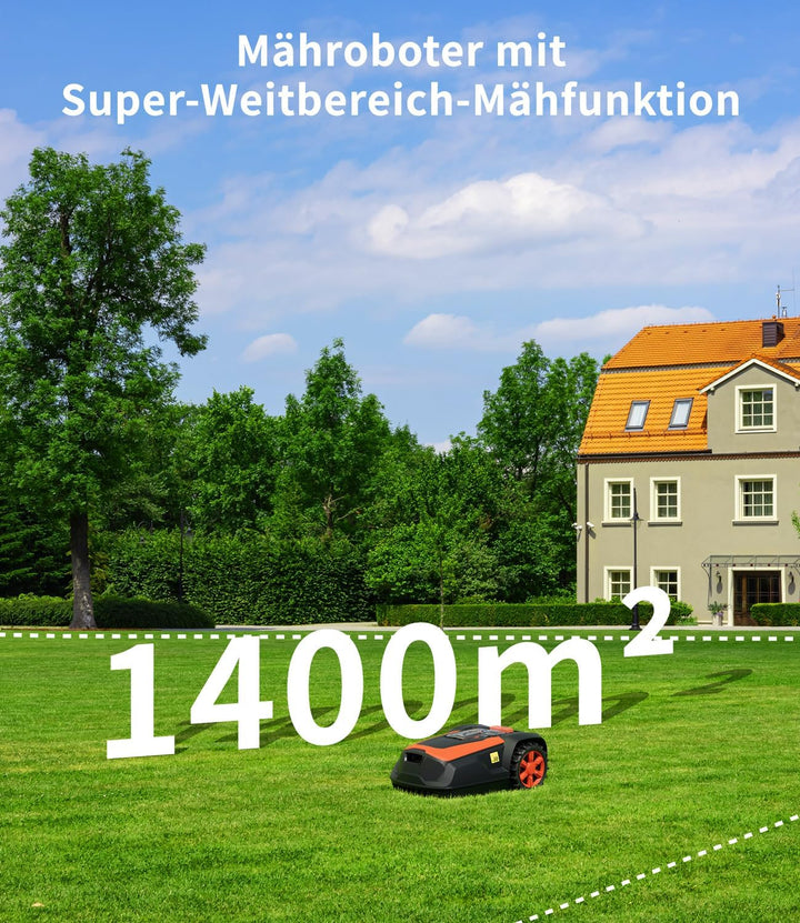 M1 Mähroboter mit Begrenzungskabel für Gärten bis 1400m², Rasenmäher Roboter mit Schnitthöhe 25-6mm,