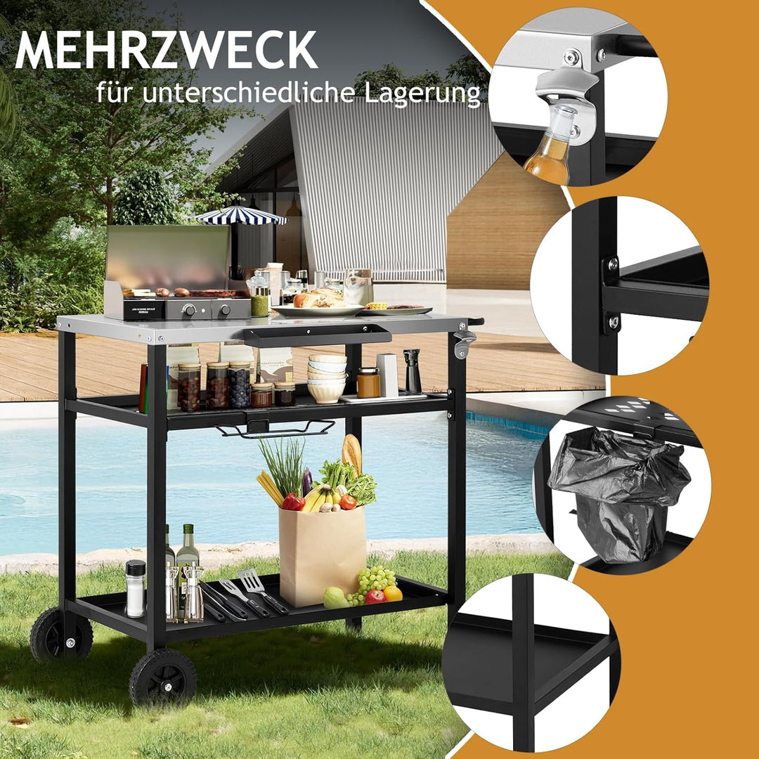 LEADZM Grillwagen - Grilltisch Outdoor, 97 x 51x 83 cm, Schreibtisch aus Edelstahl Silber,Mit Rädern