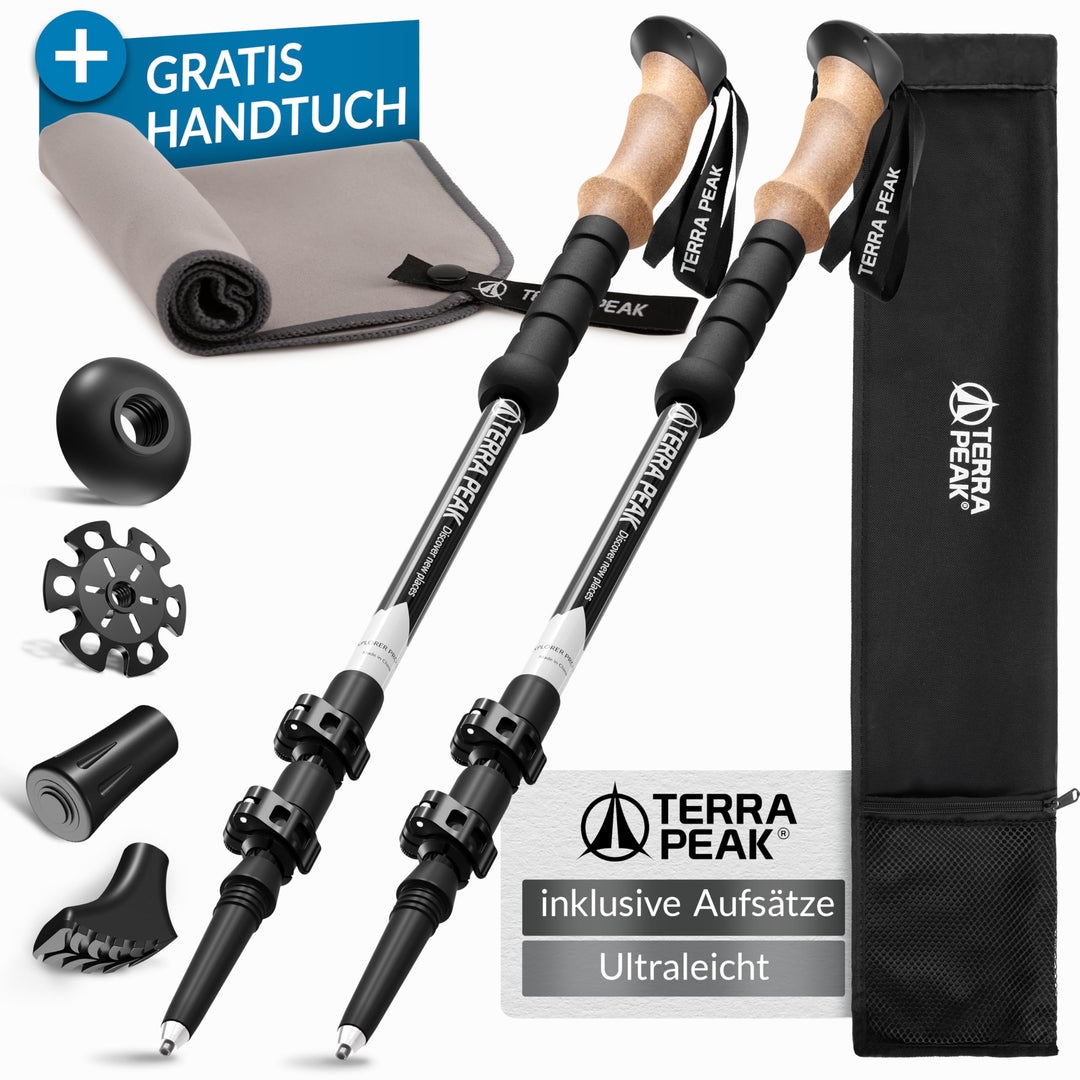Terra Peak® Premium Wanderstöcke Teleskop ultra-leicht, ausziehbar aus Carbon o. Aluminium INKL. Mik