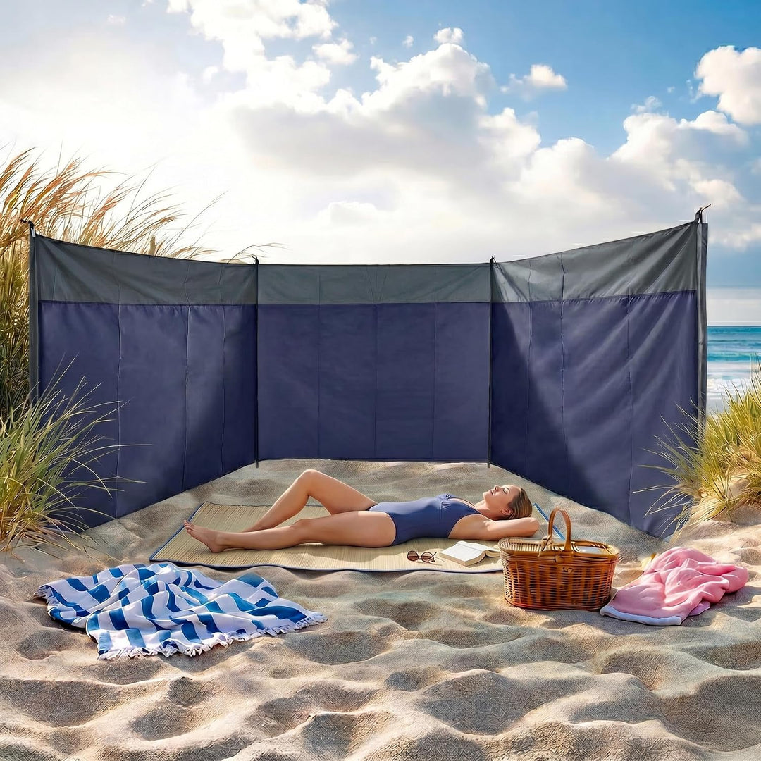 Strand Windschutz blau mit Tragetasche - 500 x 140 cm - Camping Sichtschutz mit Seil und Heringen -