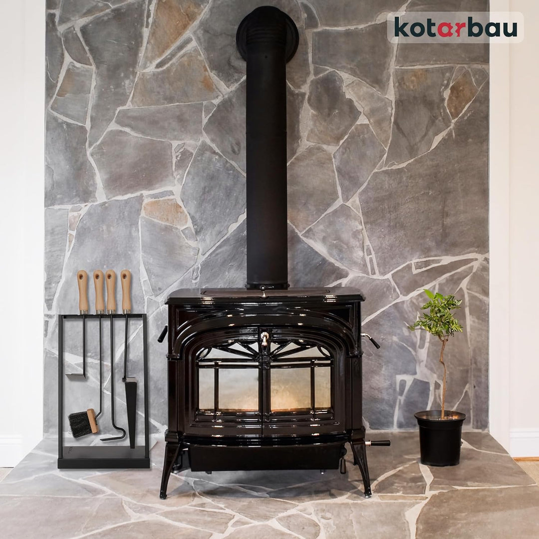 KOTARBAU® Kaminset 4tlg. Kaminbesteck Kaminzubehör mit Holzgriffe Ofenbesteck aus Stahl Besen Kehrsc