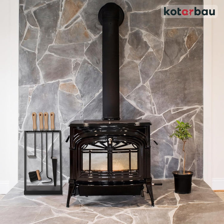 KOTARBAU® Kaminset 4tlg. Kaminbesteck Kaminzubehör mit Holzgriffe Ofenbesteck aus Stahl Besen Kehrsc