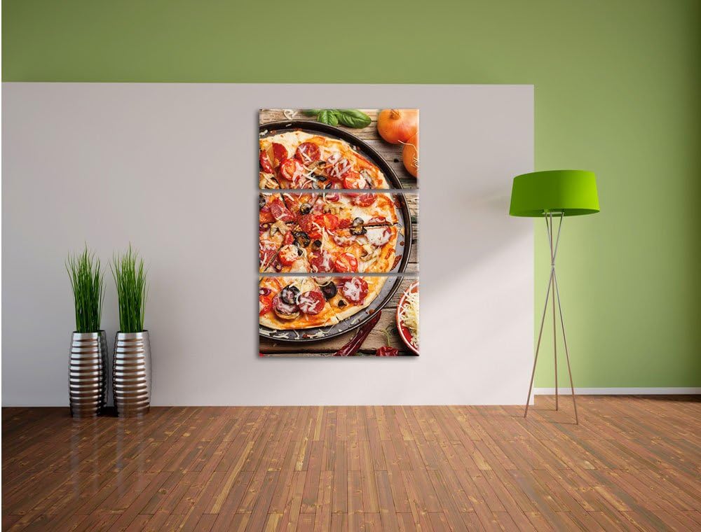 Pixxprint Leckere Pizza auf Holztisch / 3-Teilig/Gesamtmass 120cm Leinwandbild bespannt auf Holzrahm