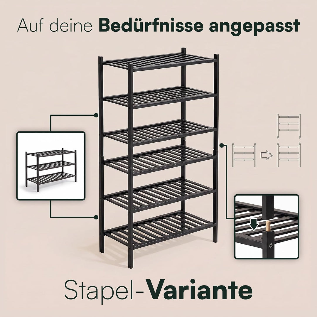 BAM BOO BOX - Schuhregal aus Bambus, Schuhablage mit 3 Ebenen, 68 x 28 x 46 cm, Erweiterbar Stapelba