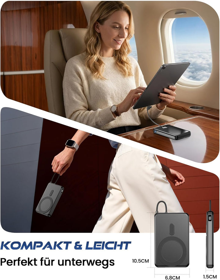 Power Bank 12000mAh, Magnetische Powerbank für iPhone mit 2-in-1 integriertem USB-C & iOS Kabel, Kei