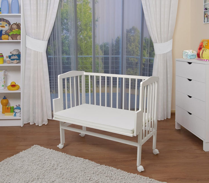 Waldin Beistellbett mit Matratze, höhen-verstellbar, Holz weiss lackiert,Grosse Liegefläche 90x55cm