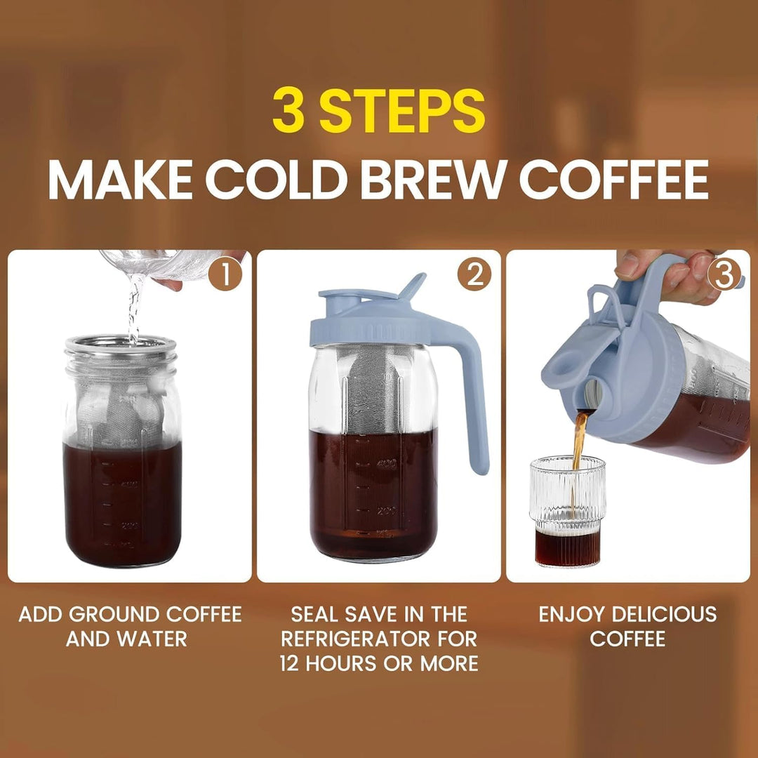 Cold Brew Kaffeebereiter, 1.8L Cold Brew Coffee Maker, Deckel mit Griff und Edelstahlfilter, Kaffeeb