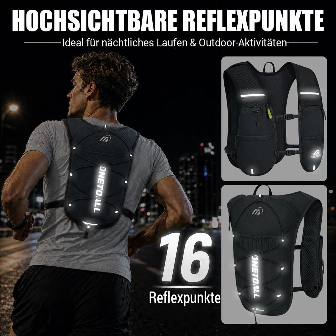 Laufweste Damen mit 500ml Trinkflasche/2L Trinkblase, Leichter Trinkrucksack Laufen Herren 6L, Runin