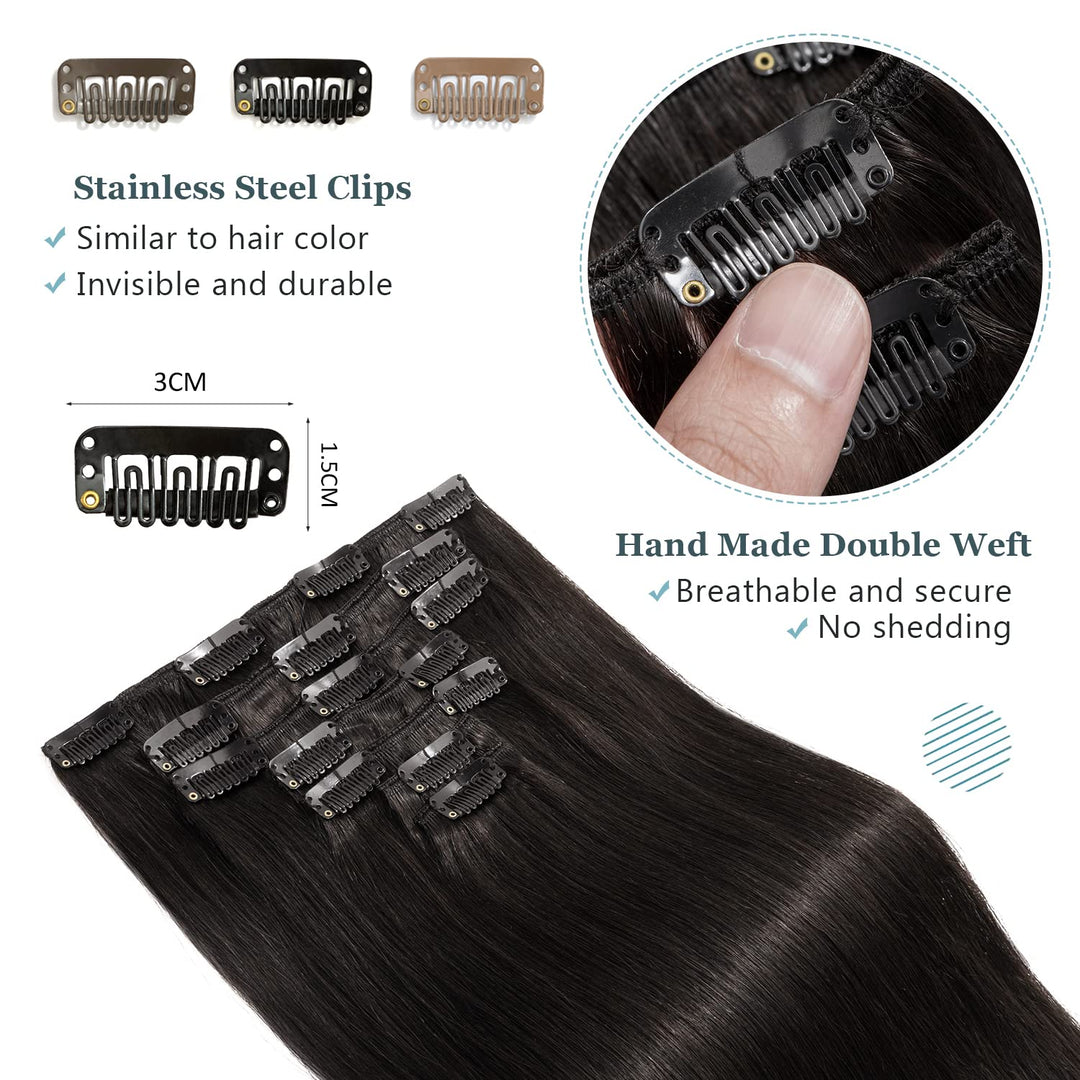 Benehair Clip in Extensions Echthaar, 8 Stück 100% Echtes Haar Extension 75g, Naturschwarz Haarverlä