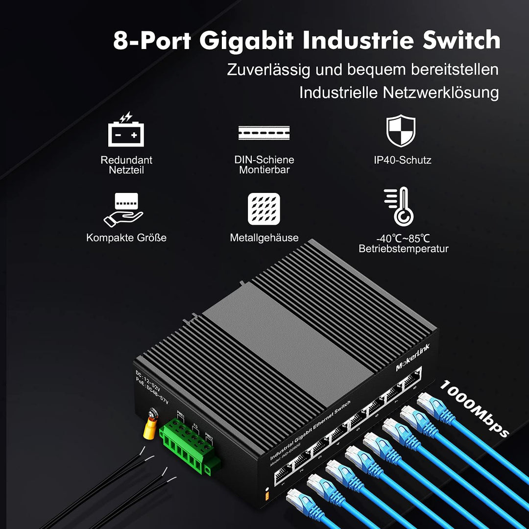 MokerLink 8 Port Gigabit Industrial DIN-Rail Ethernet Switch Hutschiene, 16Gbit/s Schaltkapazität, I