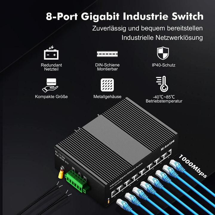 MokerLink 8 Port Gigabit Industrial DIN-Rail Ethernet Switch Hutschiene, 16Gbit/s Schaltkapazität, I