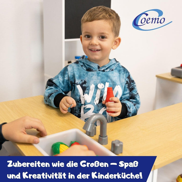 Coemo Spielküche Kaufladen Ida, grau, 4er Set mit Spülbecken, grosse Kinderküche, Kaufmannsladen für