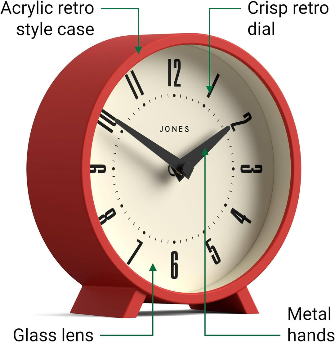 JONES CLOCKS® Venus schreibtischuhr | Modernes rundes Design | Rot | Stilvoller retrolook für Regal,