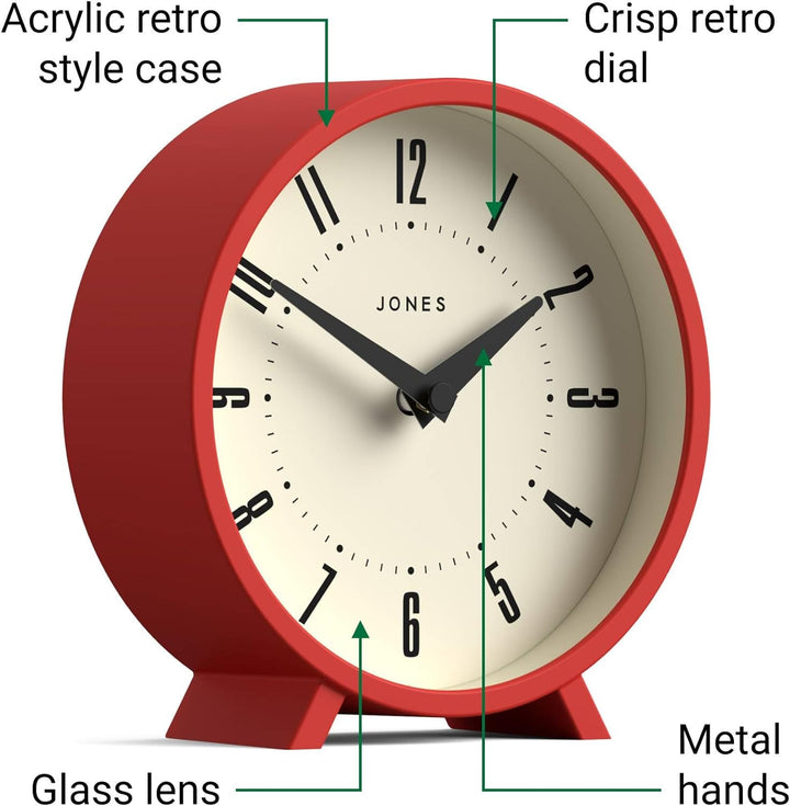 JONES CLOCKS® Venus schreibtischuhr | Modernes rundes Design | Rot | Stilvoller retrolook für Regal,
