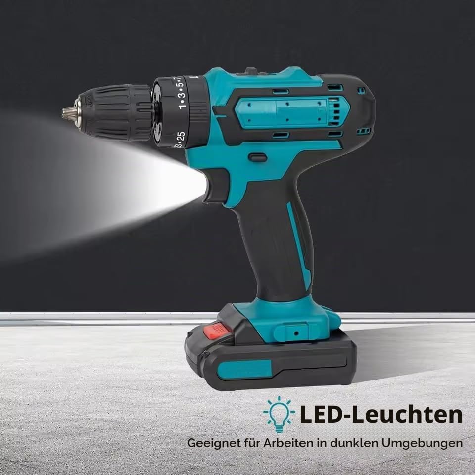 Kabelloser Bohrer-Treiber mit 2 21V 1200mAh Batterien, 40N.m Elektrobohrer Set 32 in 1, 25+3 Drehmom