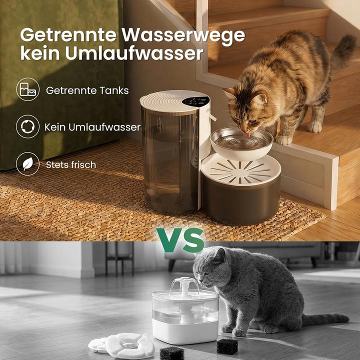 Katzenbrunnen Ohne Filter, Kabelloser Trinkbrunnen mit Akku, 3L Grosser Katzenwasserbrunnen mit 2-Wa