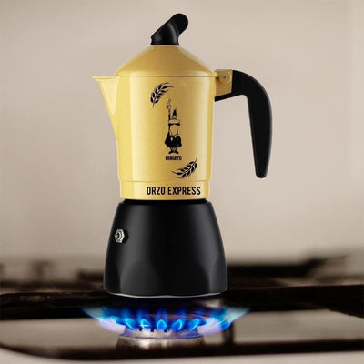 Bialetti 5334 Moka Orzo Express Caffettiera con Orziera, Alluminio, Giallo, 4 Tazze, Yellow 4 Tassen
