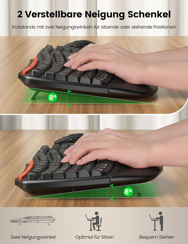 Tastatur Maus Set Kabellos, 2,4GHz Wave Tasten in Voller Grösse, Ergonomische Tastatur mit Gepolster