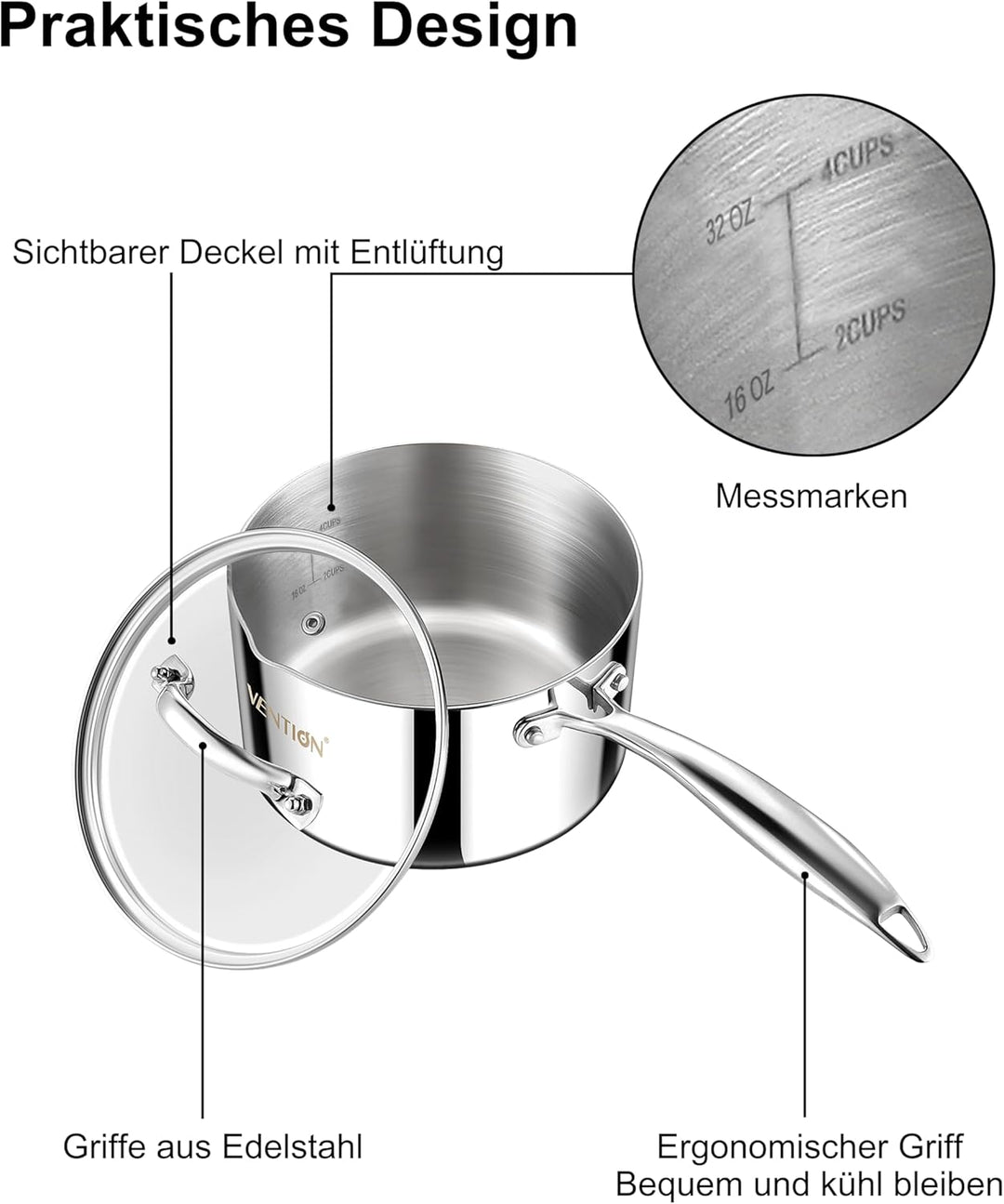 VENTION Stielkasserolle Induktion, Kochtopf Klein mit Deckel 14 cm, 1 Liter Stieltopf mit Ausgiesser
