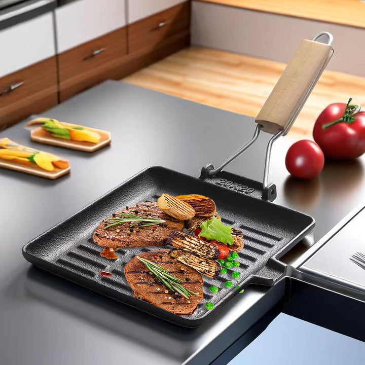 Steakpfanne Gusseisen 20×20 cm Grillpfanne mit Klappbarem Holzgriff Viereckige Grill Pan Induktion F