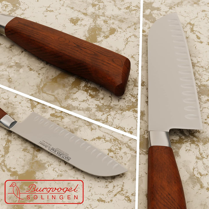 Burgvogel Solingen Natura Line, Santokumesser Holzgriff, rot satiniert, geschmiedet, 18 cm mit Kulle