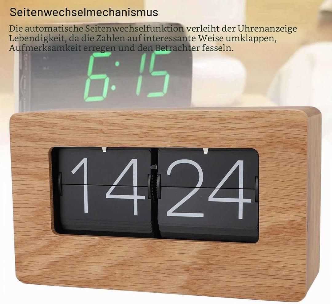 Qcwwy Flip-Uhr Retro mit Holzdesign, Automatische Klappmechanik Digitaluhr, Geräuschlose Tischuhr im