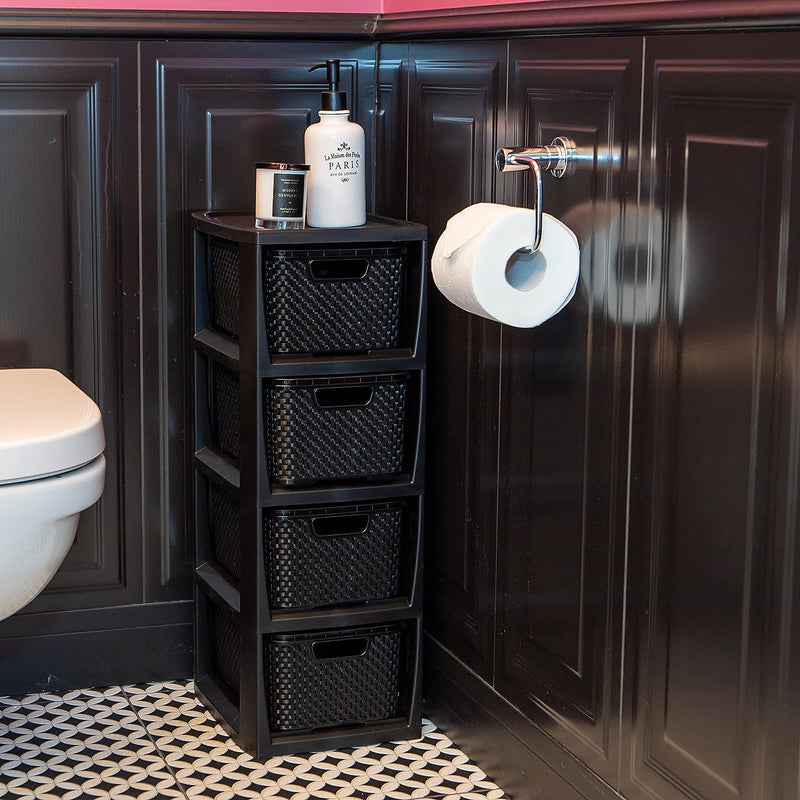 BranQ - Home essential Regal in Rattan Design, BPA-freie Kunststoff PP, Schwarz, 29,5 x 24 x 64,2 cm
