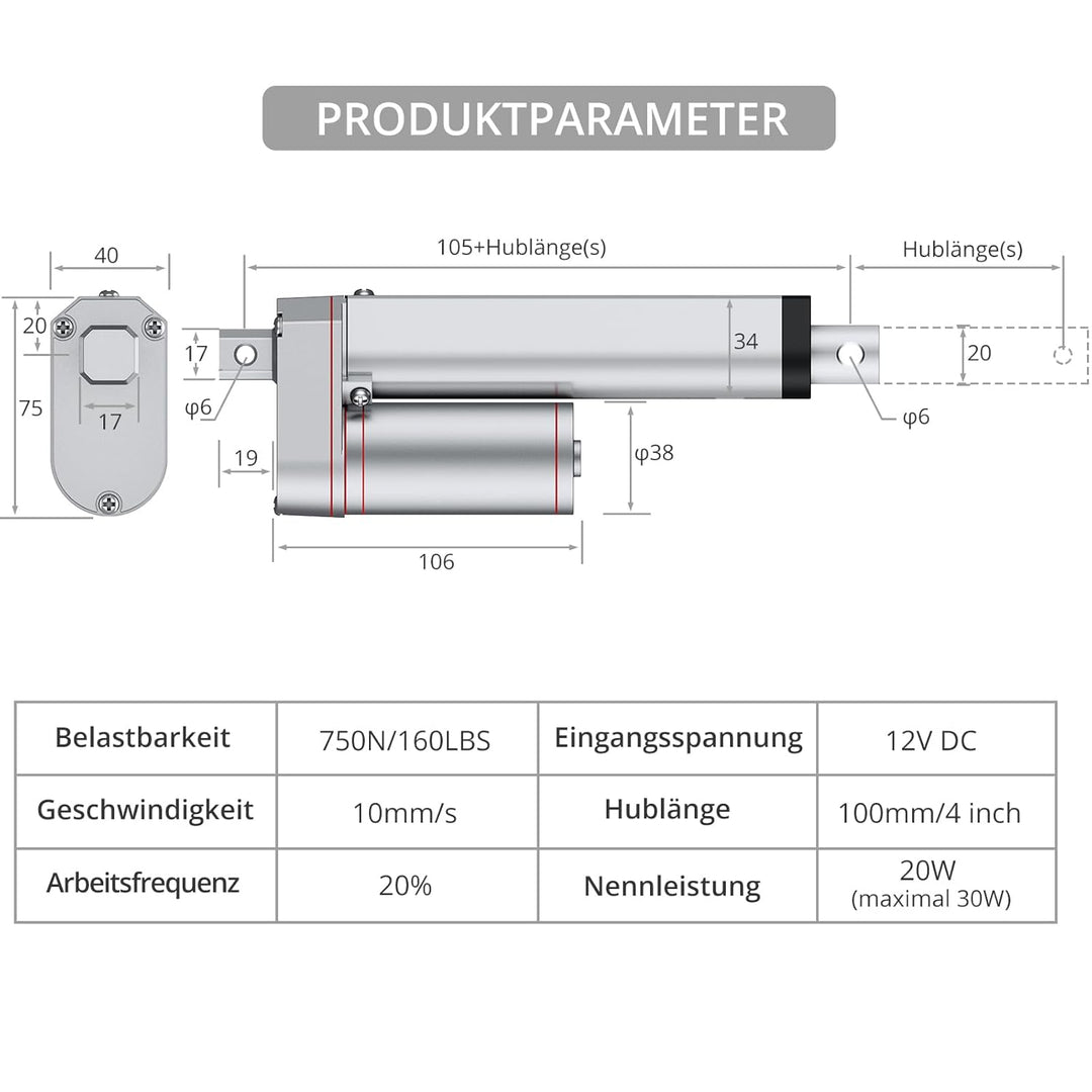 Justech Linearmotor Verstellantrieb Toröffner Linear Actuator Motor 12v DC 750N 100mm Lineartechnik