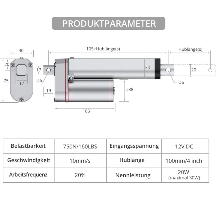 Justech Linearmotor Verstellantrieb Toröffner Linear Actuator Motor 12v DC 750N 100mm Lineartechnik