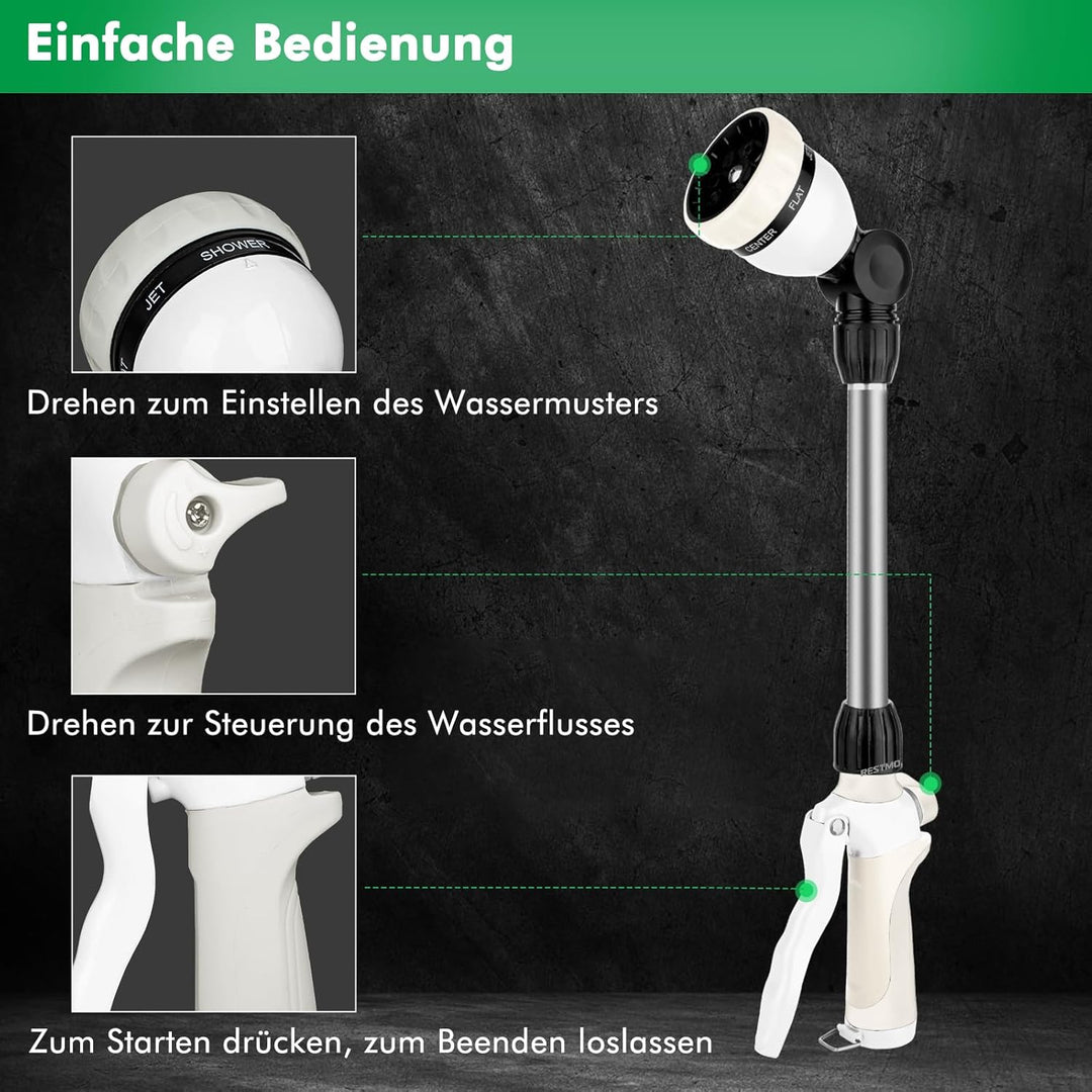 RESTMO Garten Giessstab Metall, 42cm Lang Gartenbrause mit Stiel, 180° schwenkbaren Kopf Stabbrause