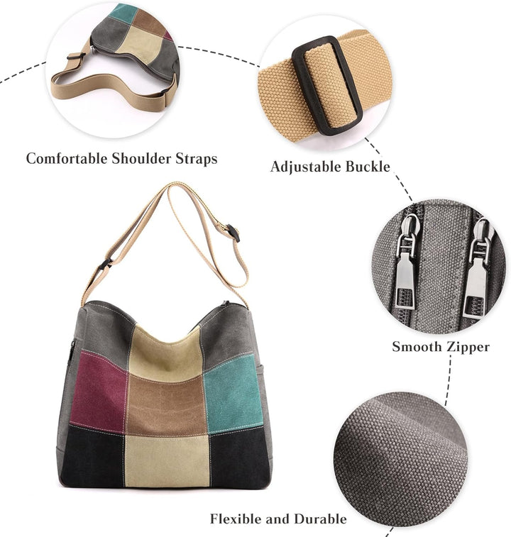 CORIOS Damen Canvas Schultertasche Mehrfarbig Spleiss Umhängetasche Grosse Tragetasche Henkeltaschen
