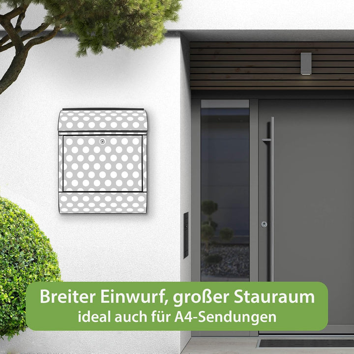 banjado® Design Briefkasten mit Motiv Punkte Grau 39x47x14cm &amp; 2 Schlüssel - Briefkasten Stahl schwa