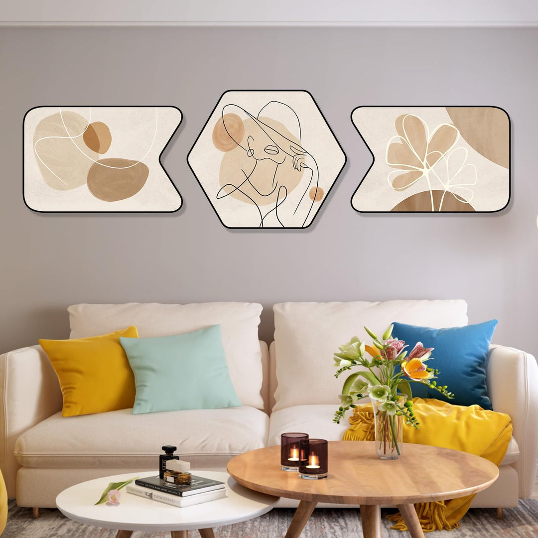 Gouwgenr Bilder mit Rahmen PVC 60x40cm Moderne Abstrakt Line Art Bilder Beige 3 Stück Kristall Bild