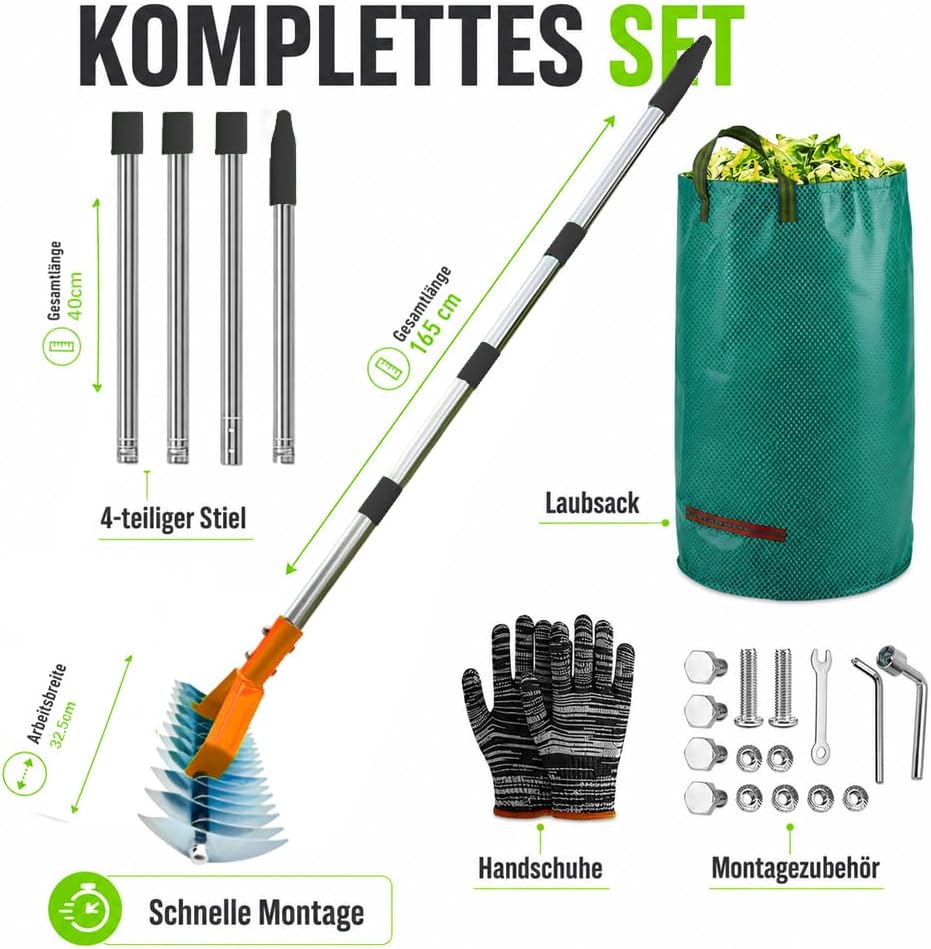Handvertikutierer mit Gartenabfallsack, Vertikutierrechen mit Stiel 163cm, Vertikutierer Rechen Hand