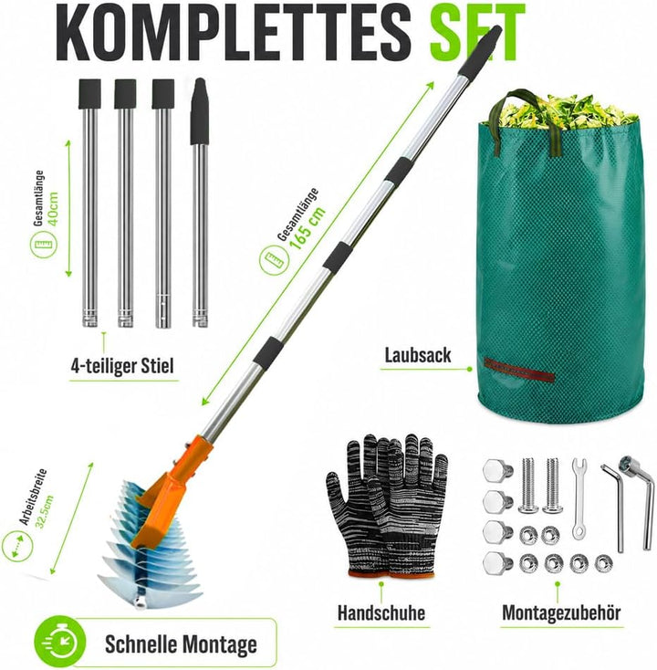Handvertikutierer mit Gartenabfallsack, Vertikutierrechen mit Stiel 163cm, Vertikutierer Rechen Hand