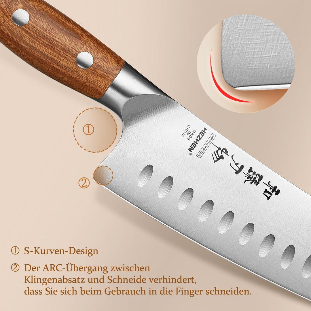 HEZHEN Rostfreier Stahl Santokumesser German 1.4116 Stahl Kochmesser, Geschmiedet Japanischer Stil G