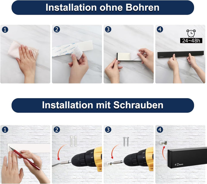 Dmore Magnetleiste Messer, 2. Generation Upgrade, mit 3 Haken, 40 cm Messerhalter magnetisch schwarz
