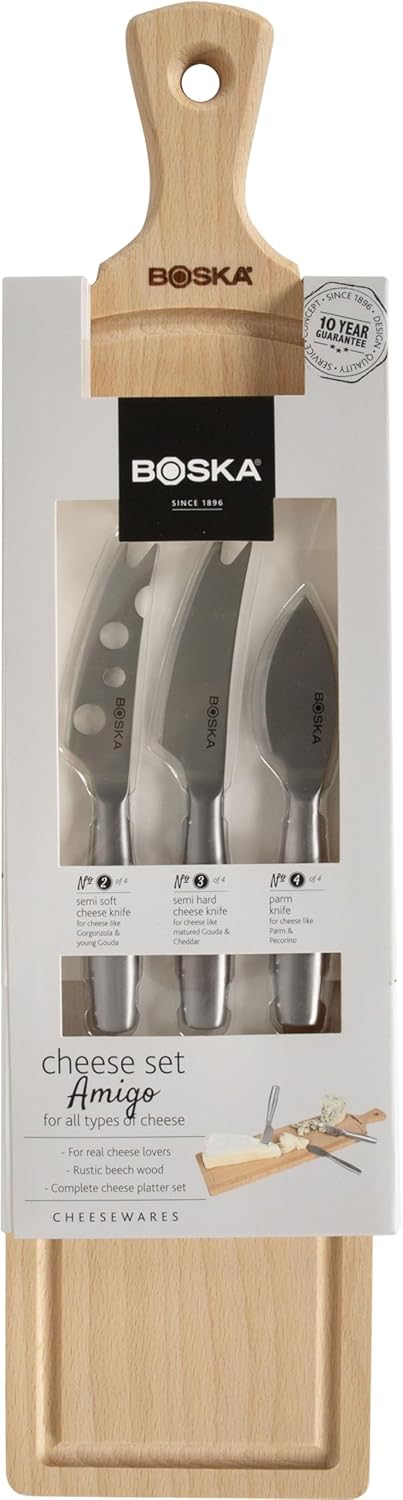 Boska Käseset Amigo/mit Käsebrett und drei Messer/Holz/Edelstahl/Braun/Silber / 445 x 110 x 15 mm Me