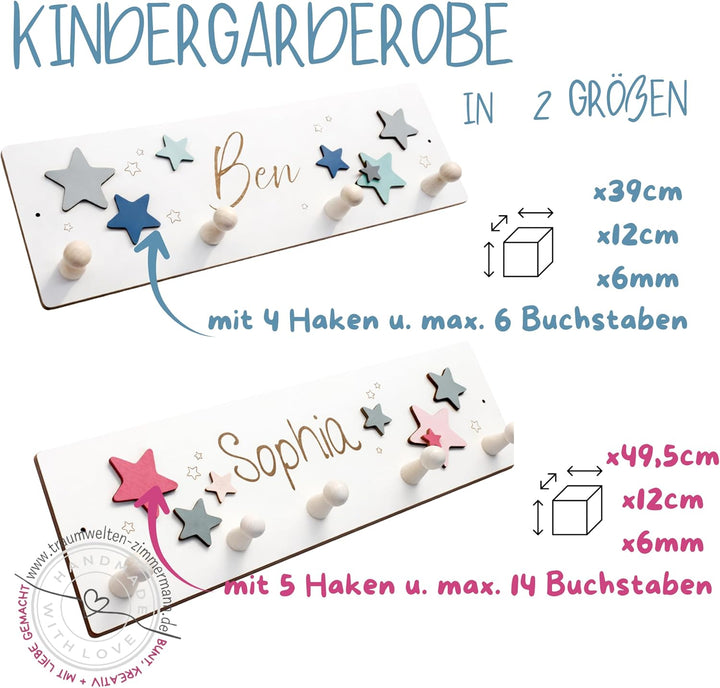 Kindergarderobe aus Holz mit Bagger in blau, grau, hellblau I Kinderzimmerdekoration I Mit Wunschnam