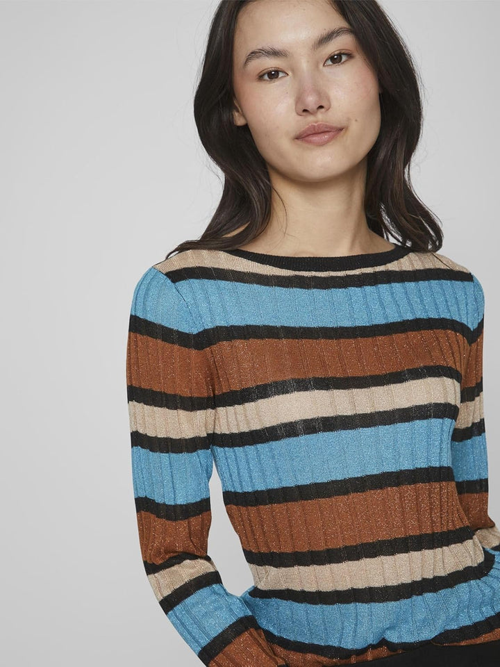 Vila Damen Viember New L/S Glitter Knit Top/Su Langarmshirt L Tahitian Teal/Stripes:doeskin/Caramel