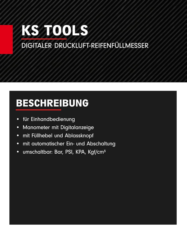 KS Tools Reifendruckprüfer digital 515.1970 0-14 Bar I Druckluft-Reifendruckfüller mit Manometer mit