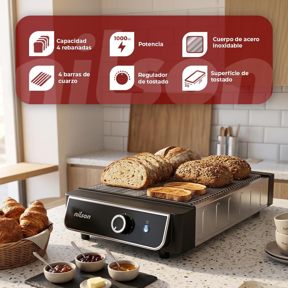 NTS1000FL4 Flach-Toaster, horizontal, 1000 W, 6 Toaststufen, manuelle Steuerung, digitaler Timer, Rö