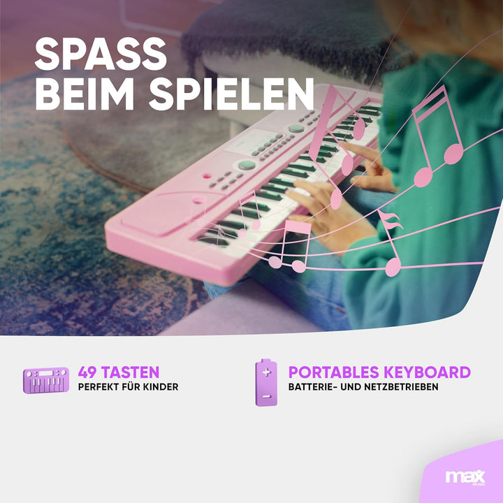 MAX KD49P - Kinder Keyboard mit 49 Tasten mit Mikrofon, 16 Klangarten, 8 Rhythmen & Sounds, Kinderkl